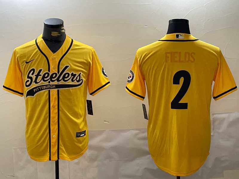 Mens Pittsburgh Steelers #2 Justin Fields Yellow With Patch Cool Base Stitched Baseball Jersey->pittsburgh steelers->NFL Jersey